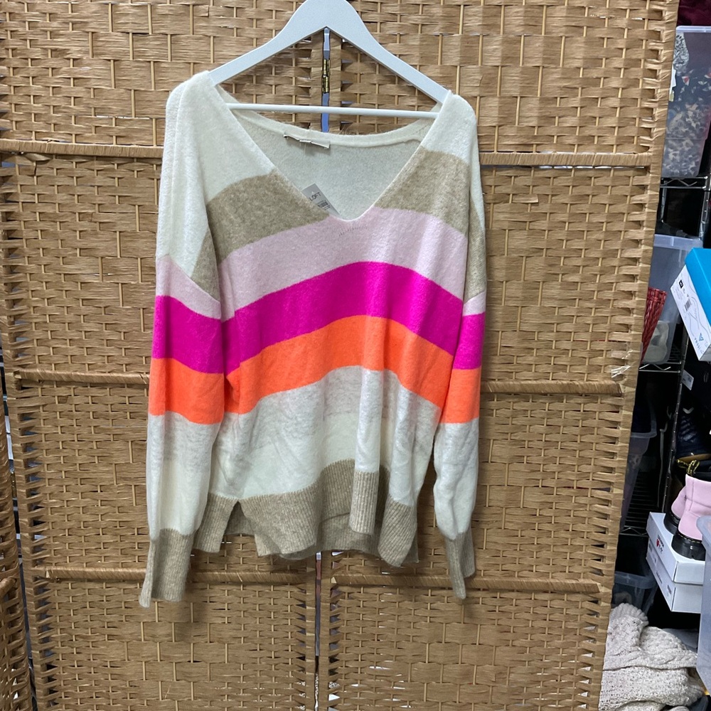 LOFT V-Neck Sweater in Cream, Hot Pink & Bright Orange